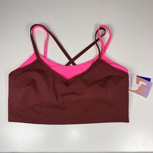 JoyLab Women Large Athletic Bra Beaujolais Neon Pink Layered Strappy V-Neck NWT